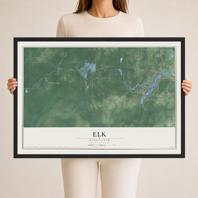 Map of Elk, Wisconsin, 24 x 36 inch print in a black wood frame