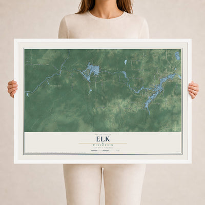 Map of Elk, Wisconsin, 24 x 36 inch print in a white wood frame