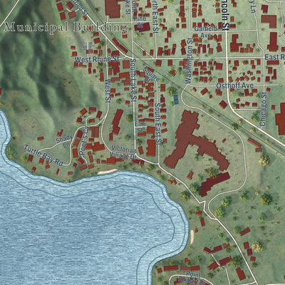 Close-up of the map of Elkhart Lake, Wisconsin print showing street and building detail