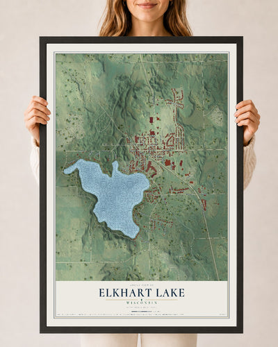 Map of Elkhart Lake, Wisconsin, 24 x 36 inch print in a black wood frame