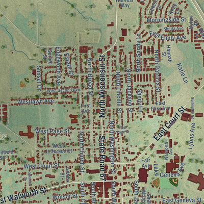 Close-up of the map of Elkhorn, Wisconsin print showing street and building detail