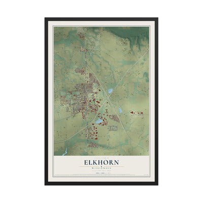 Map of Elkhorn, Wisconsin, 12 x 18 inch print in a black wood frame