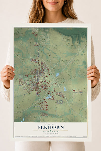 Map of Elkhorn, Wisconsin, 18 x 24 inch unframed archival matte print