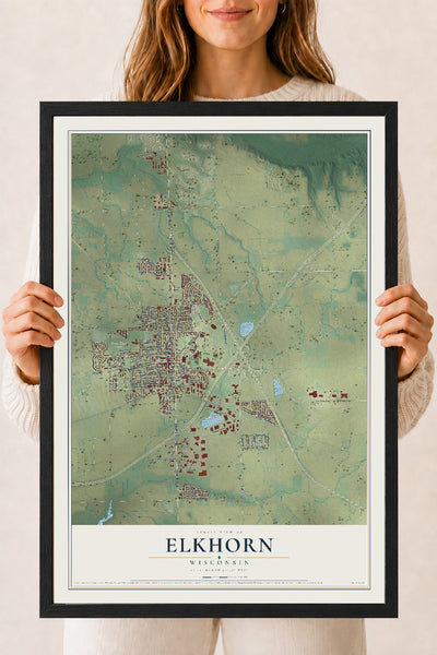 Map of Elkhorn, Wisconsin, 18 x 24 inch print in a black wood frame