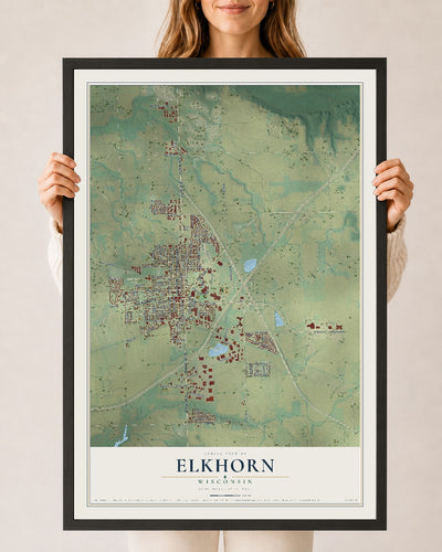 Map of Elkhorn, Wisconsin, 24 x 36 inch print in a black wood frame