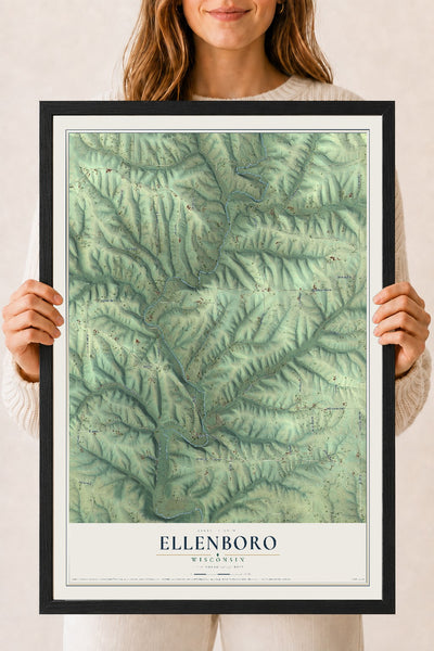 Map of Ellenboro, Wisconsin, 18 x 24 inch print in a black wood frame