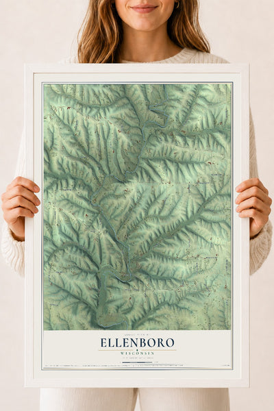 Map of Ellenboro, Wisconsin, 18 x 24 inch print in a white wood frame