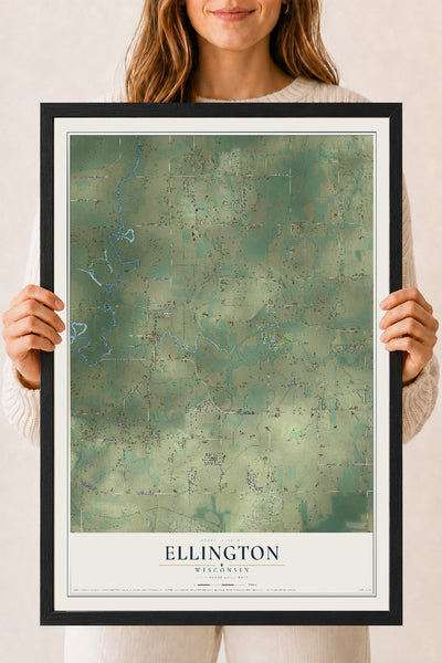 Map of Ellington, Wisconsin, 18 x 24 inch print in a black wood frame