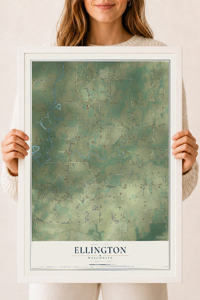 Map of Ellington, Wisconsin, 18 x 24 inch print in a white wood frame