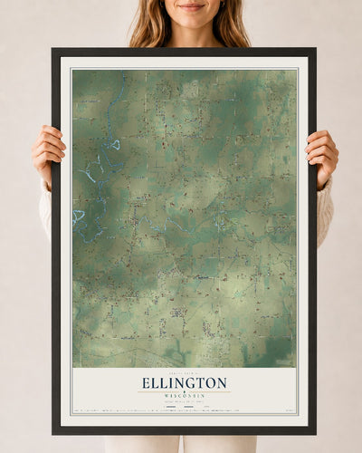 Map of Ellington, Wisconsin, 24 x 36 inch print in a black wood frame