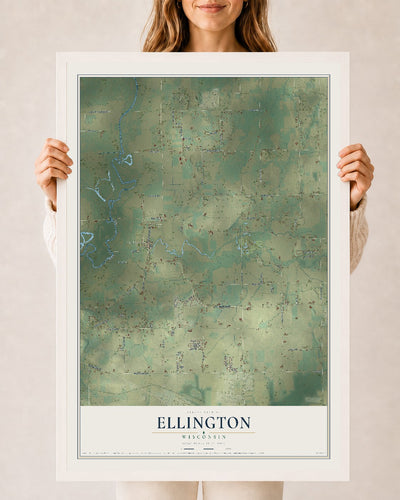 Map of Ellington, Wisconsin, 24 x 36 inch print in a white wood frame