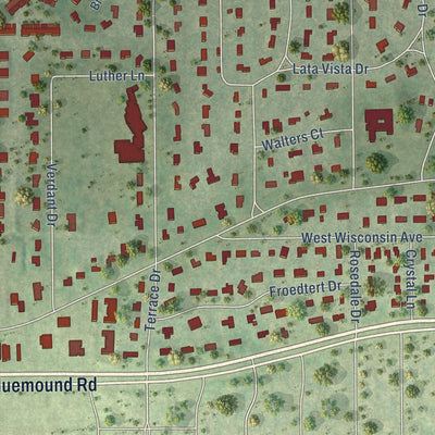Second close-up of the map of Elm Grove, Wisconsin print showing more streets and buildings