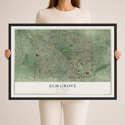 Map of Elm Grove, Wisconsin, 24 x 36 inch print in a black wood frame
