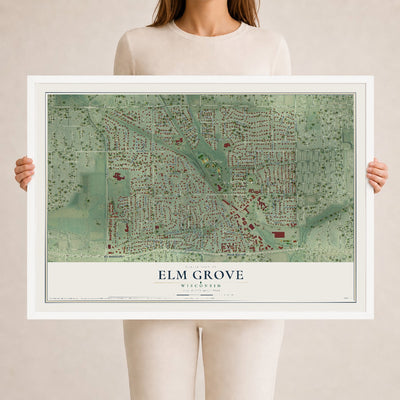 Map of Elm Grove, Wisconsin, 24 x 36 inch print in a white wood frame