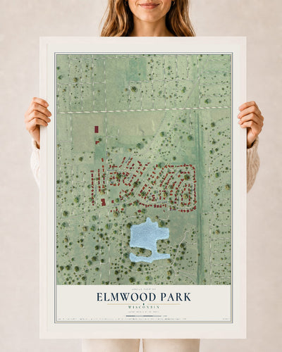 Map of Elmwood Park, Wisconsin, 24 x 36 inch print in a white wood frame