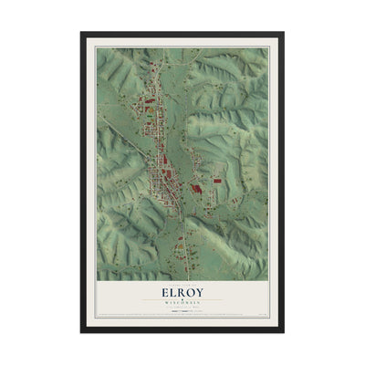 Map of Elroy, Wisconsin, 12 x 18 inch print in a black wood frame