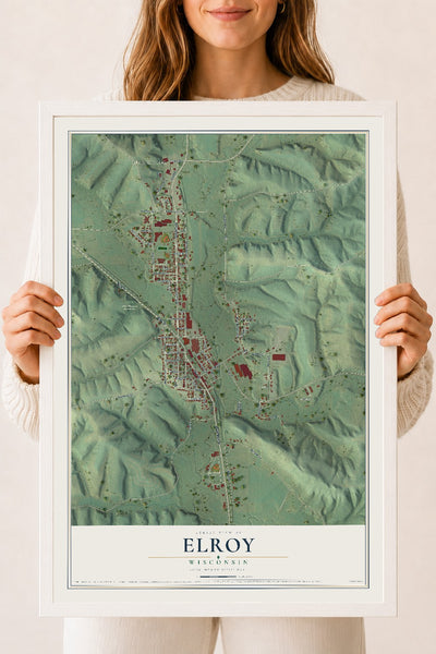 Map of Elroy, Wisconsin, 18 x 24 inch print in a white wood frame