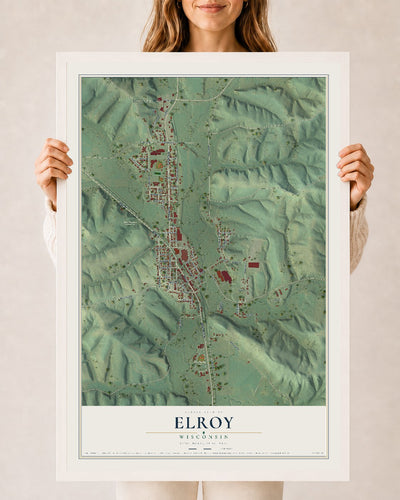 Map of Elroy, Wisconsin, 24 x 36 inch print in a white wood frame