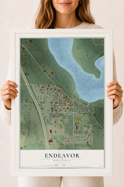 Map of Endeavor, Wisconsin, 18 x 24 inch print in a white wood frame