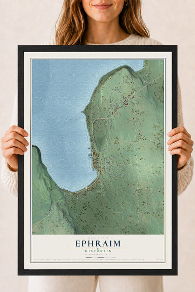 Map of Ephraim, Wisconsin, 18 x 24 inch print in a black wood frame