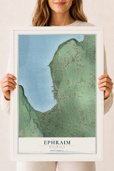 Map of Ephraim, Wisconsin, 18 x 24 inch print in a white wood frame
