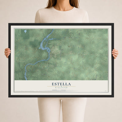 Map of Estella, Wisconsin, 24 x 36 inch print in a black wood frame