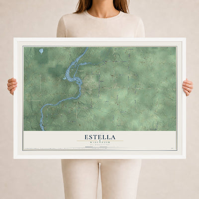 Map of Estella, Wisconsin, 24 x 36 inch print in a white wood frame