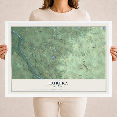 Map of Eureka, Wisconsin, 18 x 24 inch print in a white wood frame