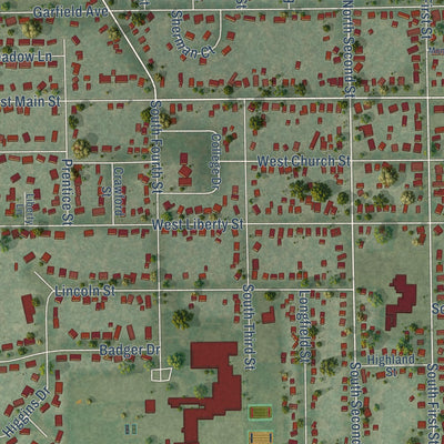 Close-up of the map of Evansville, Wisconsin print showing street and building detail