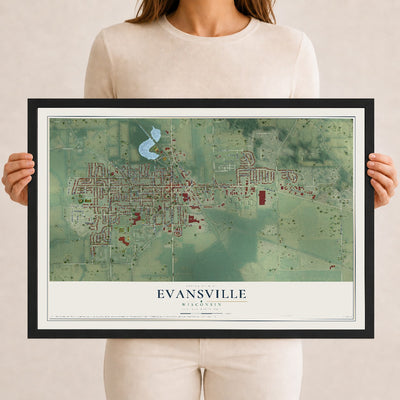 Map of Evansville, Wisconsin, 12 x 18 inch print in a black wood frame