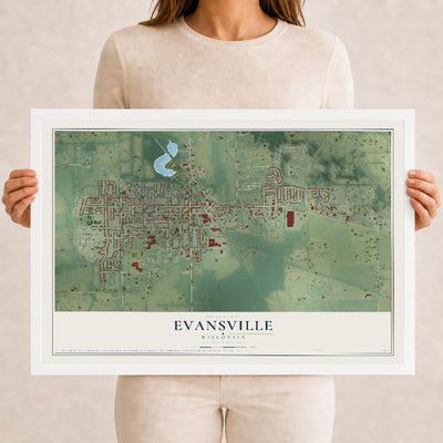 Map of Evansville, Wisconsin, 12 x 18 inch print in a white wood frame