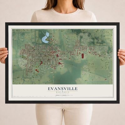 Map of Evansville, Wisconsin, 18 x 24 inch print in a black wood frame