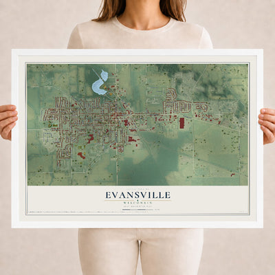 Map of Evansville, Wisconsin, 18 x 24 inch print in a white wood frame