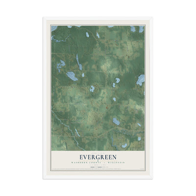 Map of Evergreen, Washburn County, Wisconsin, 12 x 18 inch print in a white wood frame