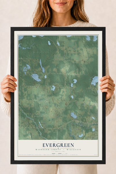 Map of Evergreen, Washburn County, Wisconsin, 18 x 24 inch print in a black wood frame