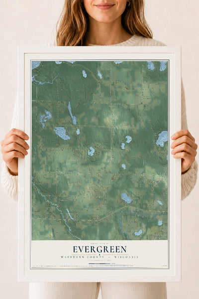 Map of Evergreen, Washburn County, Wisconsin, 18 x 24 inch print in a white wood frame