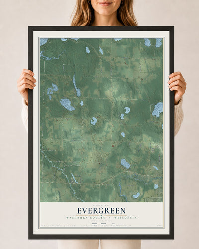 Map of Evergreen, Washburn County, Wisconsin, 24 x 36 inch print in a black wood frame