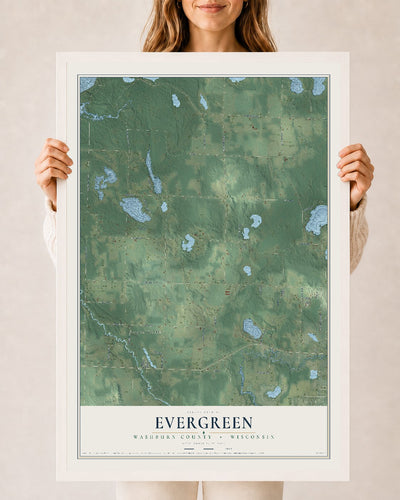 Map of Evergreen, Washburn County, Wisconsin, 24 x 36 inch print in a white wood frame