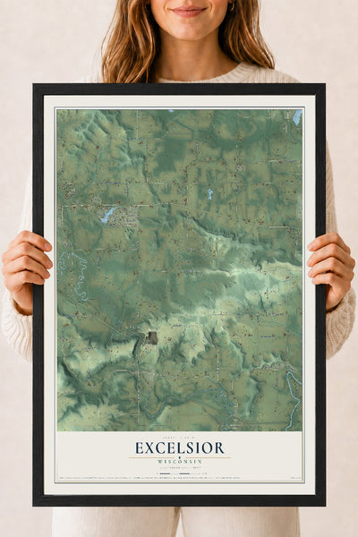 Map of Excelsior, Wisconsin, 18 x 24 inch print in a black wood frame
