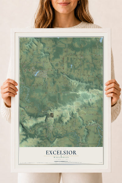 Map of Excelsior, Wisconsin, 18 x 24 inch print in a white wood frame