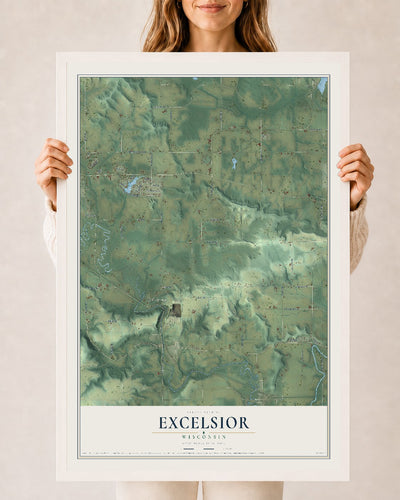Map of Excelsior, Wisconsin, 24 x 36 inch print in a white wood frame