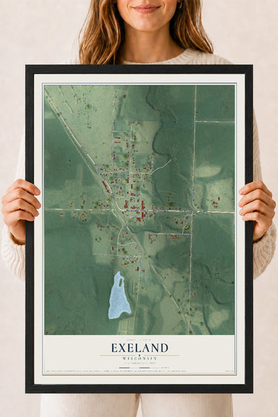 Map of Exeland, Wisconsin, 18 x 24 inch print in a black wood frame