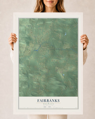 Map of Fairbanks, Wisconsin, 24 x 36 inch print in a white wood frame