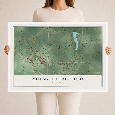 Map of Fairchild, Wisconsin, 24 x 36 inch print in a white wood frame