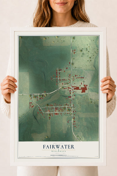 Map of Fairwater, Wisconsin, 18 x 24 inch print in a white wood frame