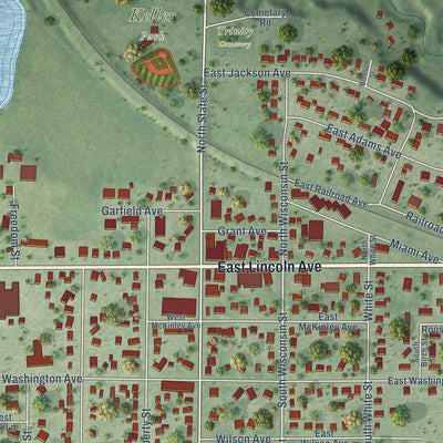 Close-up of the map of Fall Creek, Wisconsin print showing street and building detail