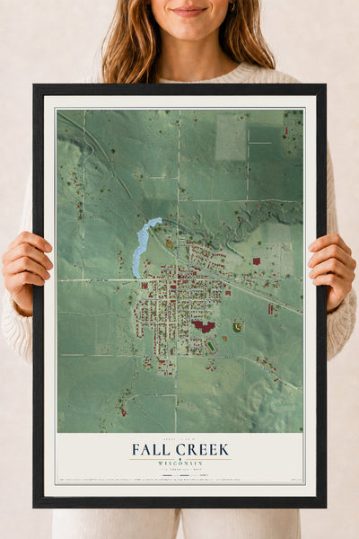 Map of Fall Creek, Wisconsin, 18 x 24 inch print in a black wood frame