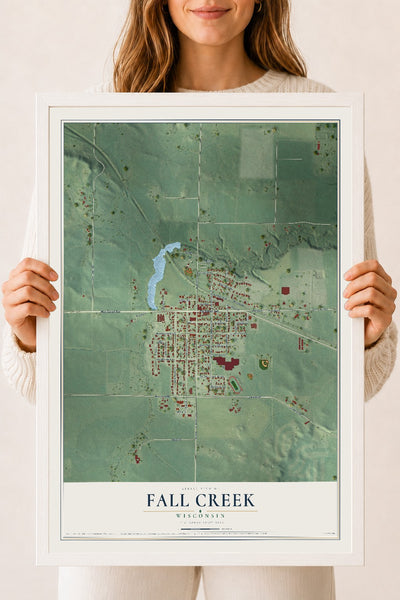 Map of Fall Creek, Wisconsin, 18 x 24 inch print in a white wood frame