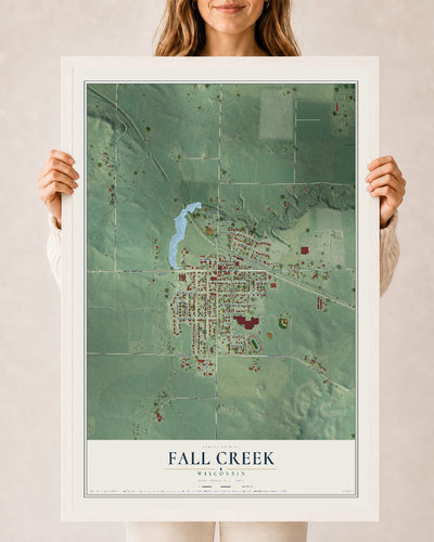 Map of Fall Creek, Wisconsin, 24 x 36 inch print in a white wood frame