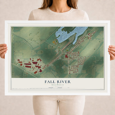 Map of Fall River, Wisconsin, 18 x 24 inch print in a white wood frame